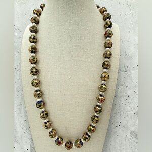 Vintage Cloisonné Enamel & Freshwater Pearl Necklace 22” Floral Statement 67gr